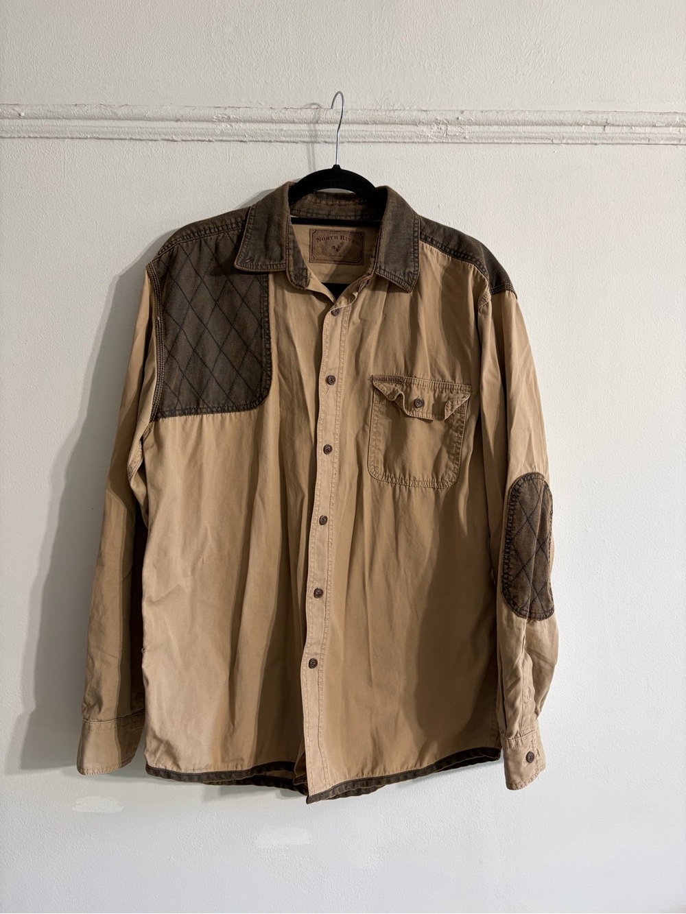 Men's Tan Suede Patch Casual Button-Down Hunting Shooting Shirt